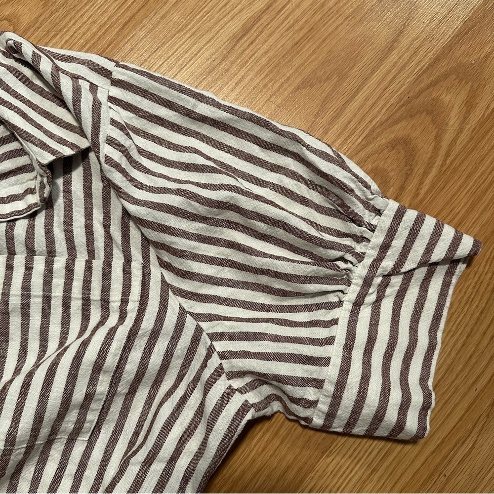 Old navy xl brown cream vertical stripe button up shirt dress pocket linen rayon - Picture 5 of 5